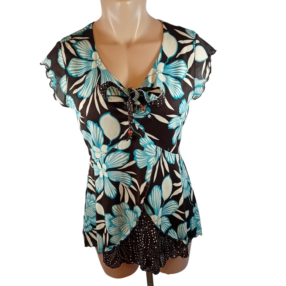 90s Vintage Y2K Nine West Tropical Floral Polka Dot Tie Blouse Flowy Bohemian M